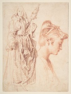 Donna in piedi che tiene un fuso, e testa di una donna di profilo a destra da Jean Antoine Watteau
